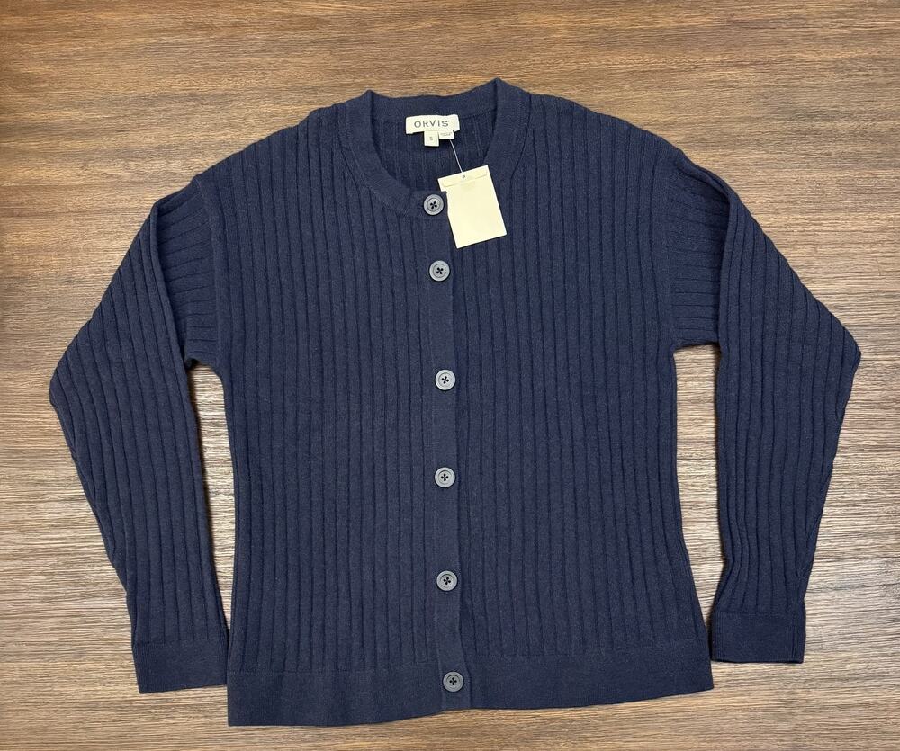Orvis 100% Cashmere Cardigan Sweater Womens Small Navy Blue Ribbed Knit Crewneck